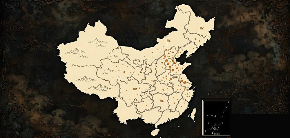 中国地图：圆点标注了历史人物的出生地